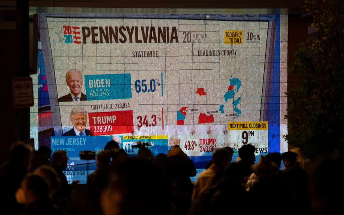 Election Day results showing up on big screen.