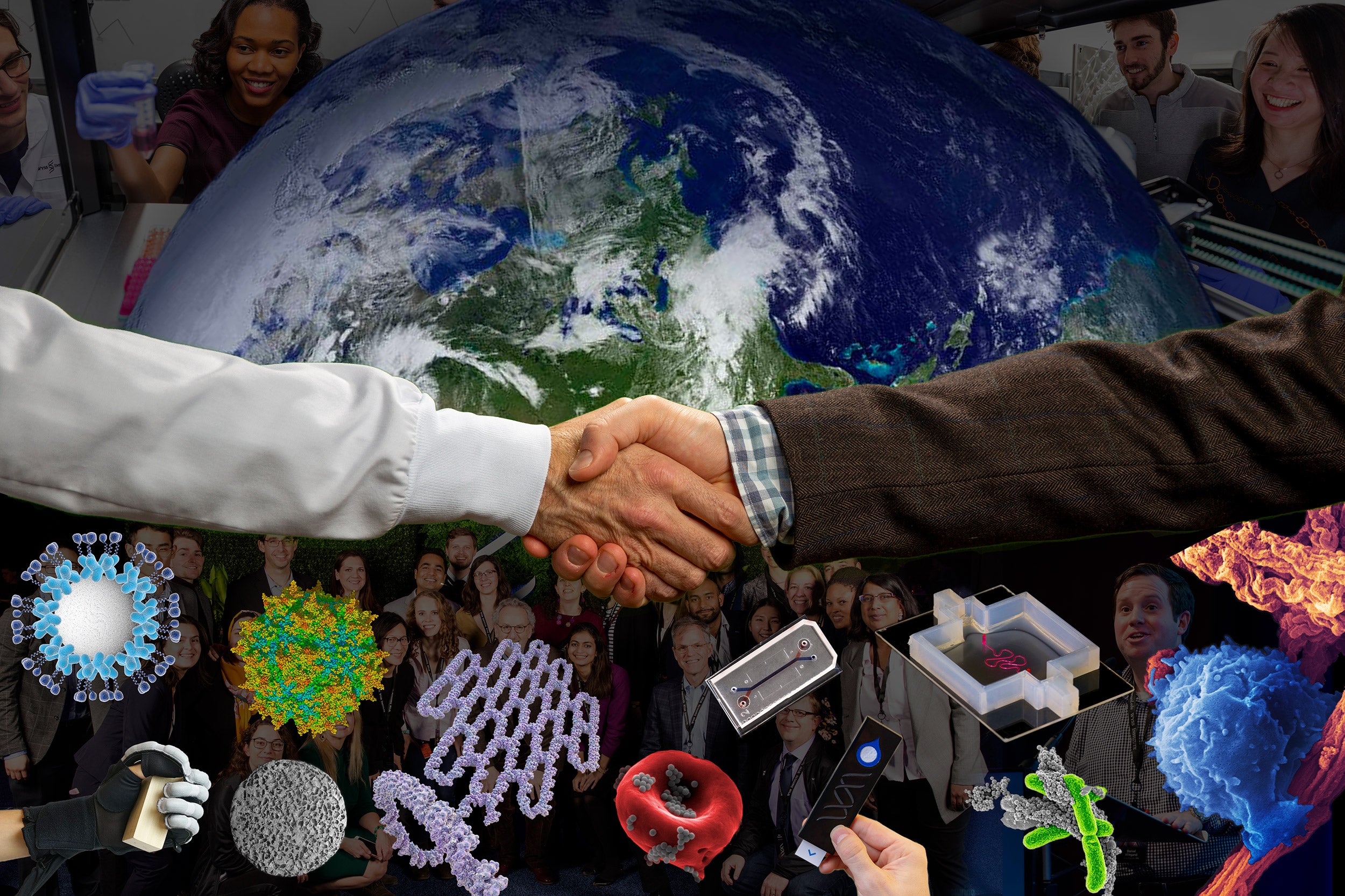 Photo illustration of men shaking hands in front of the Earth.