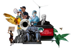 Collage of major themes from 2020 Gazette coverage, including COVID, protests, and election.