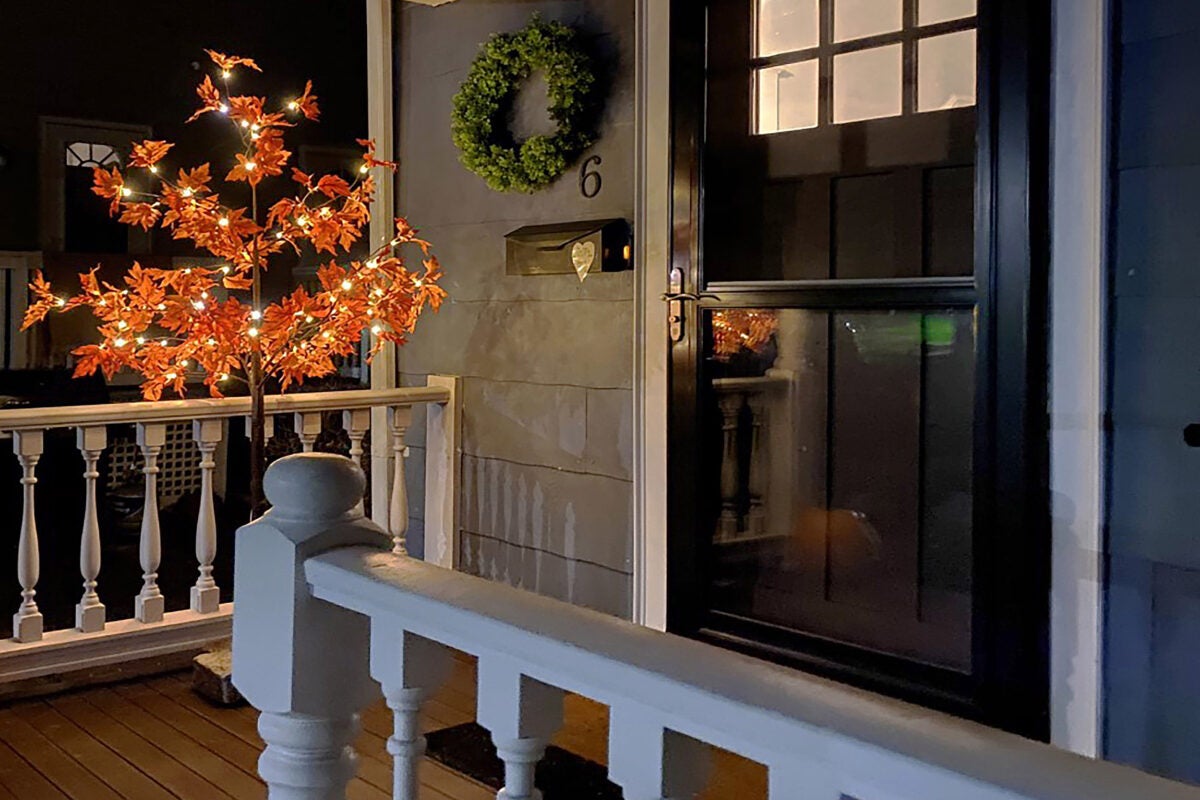 Porch with decorations.