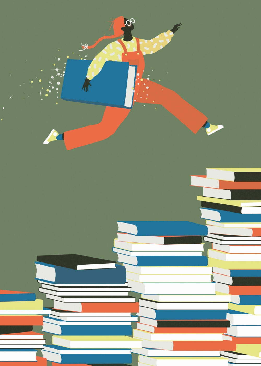 Young person leaping across stacks of books.