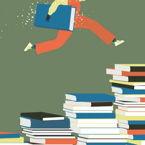 Young person leaping across stacks of books.