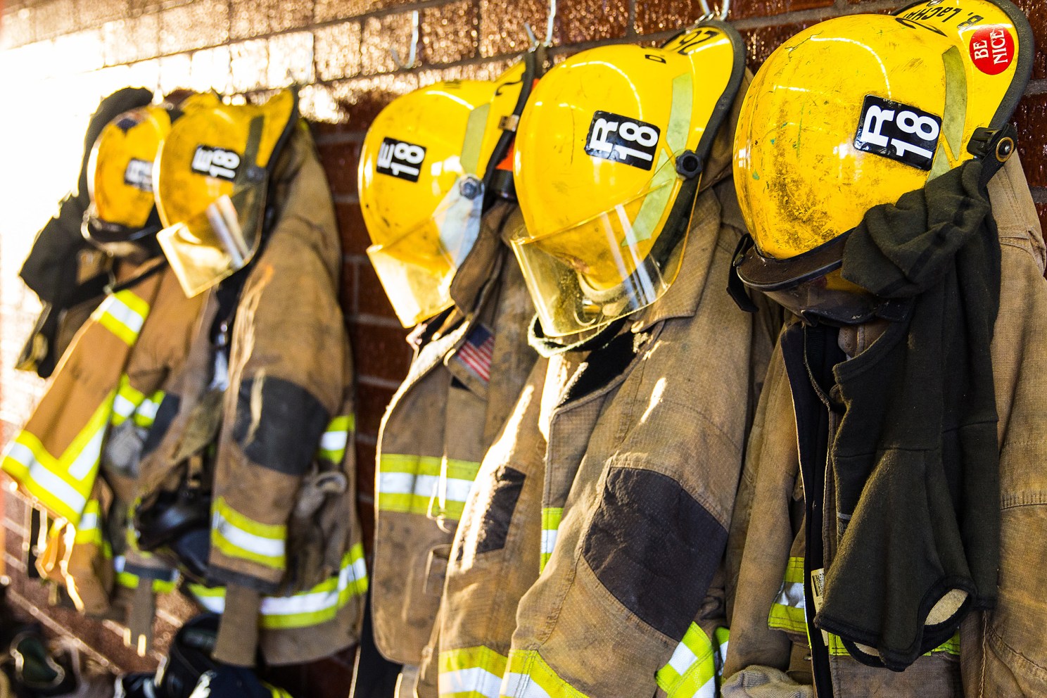 Fire fighters' uniforms.