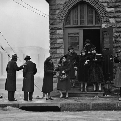 A congregation leaving a church in Pittsburgh.
