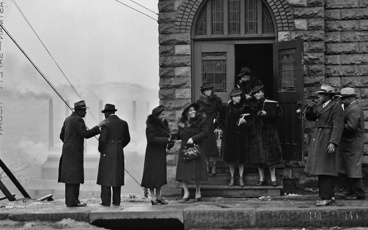 A congregation exiting a church in Pittsburgh.