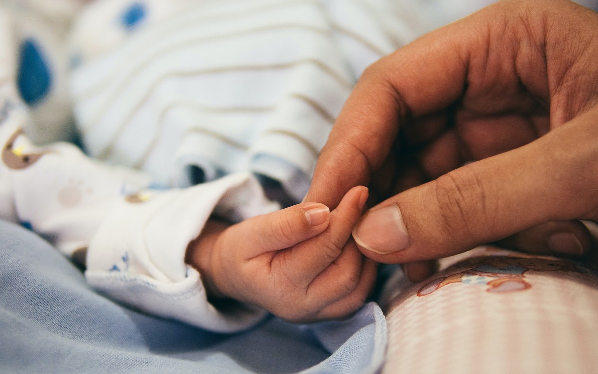 Baby and adult holding hands.