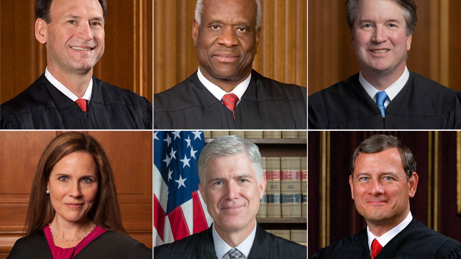 Supreme Court Justices Samuel Alito, Clarence Thomas, Brett Kavanaugh, Amy Coney Barrett, Neil Gorsuch, and John Roberts.