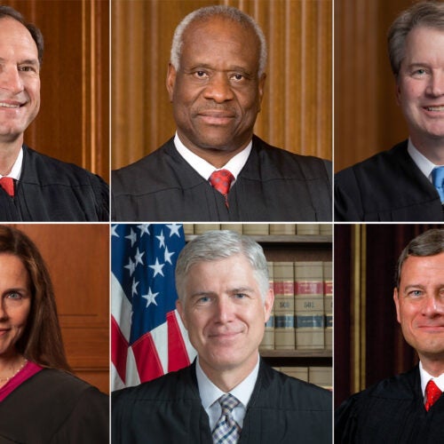 Supreme Court Justices Samuel Alito, Clarence Thomas, Brett Kavanaugh, Amy Coney Barrett, Neil Gorsuch, and John Roberts.