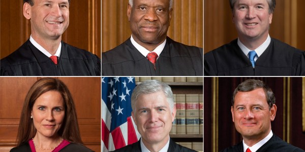 Supreme Court Justices Samuel Alito, Clarence Thomas, Brett Kavanaugh, Amy Coney Barrett, Neil Gorsuch, and John Roberts.