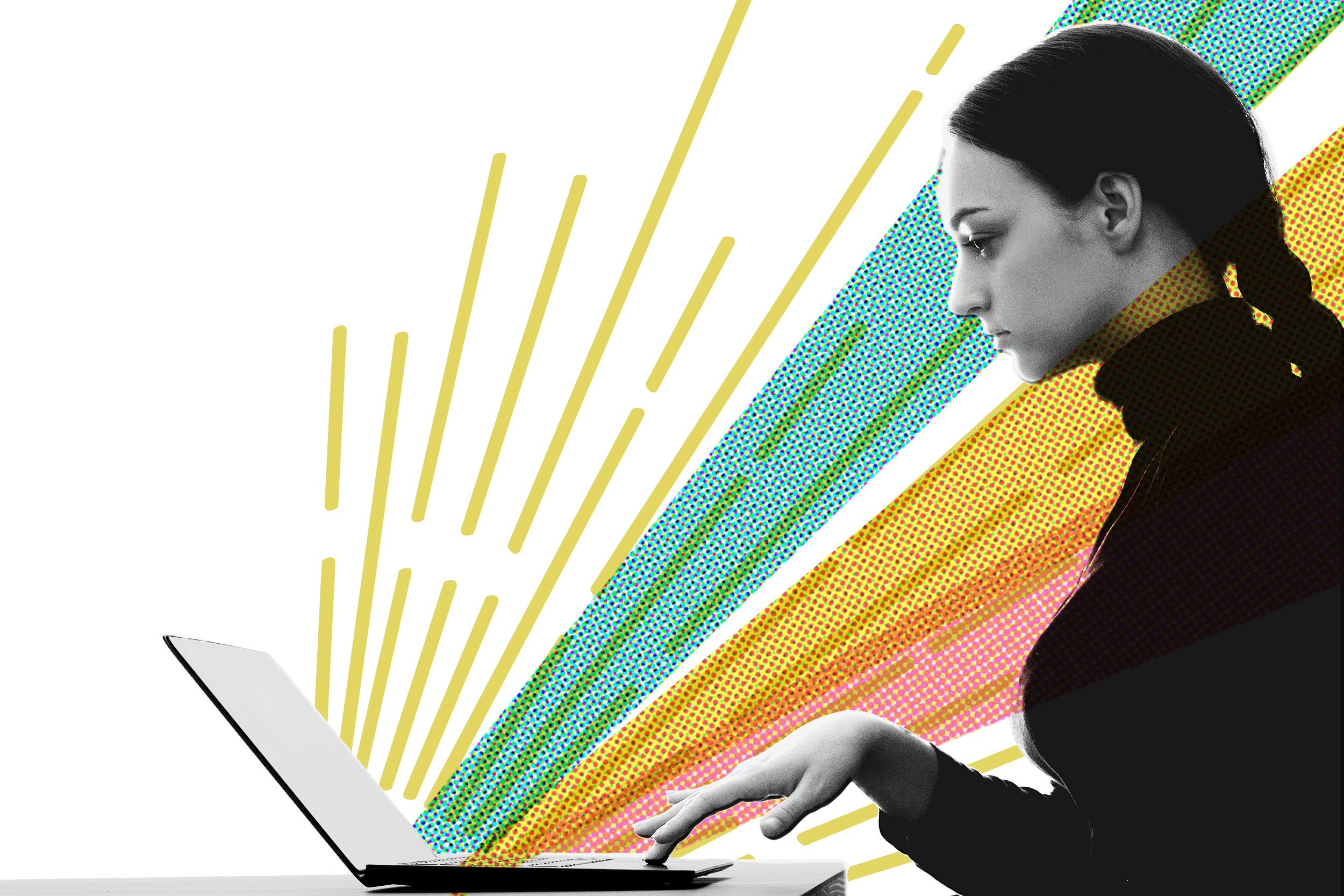Illustration of woman at computer.