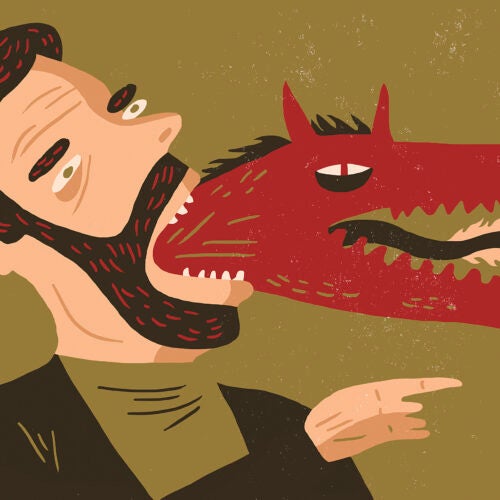 Illustration of a dragon coming out of person's mouth.