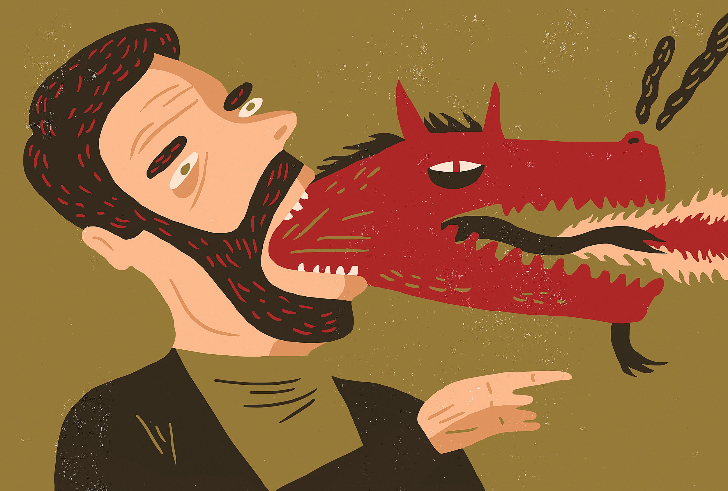 Illustration of a dragon coming out of person's mouth.