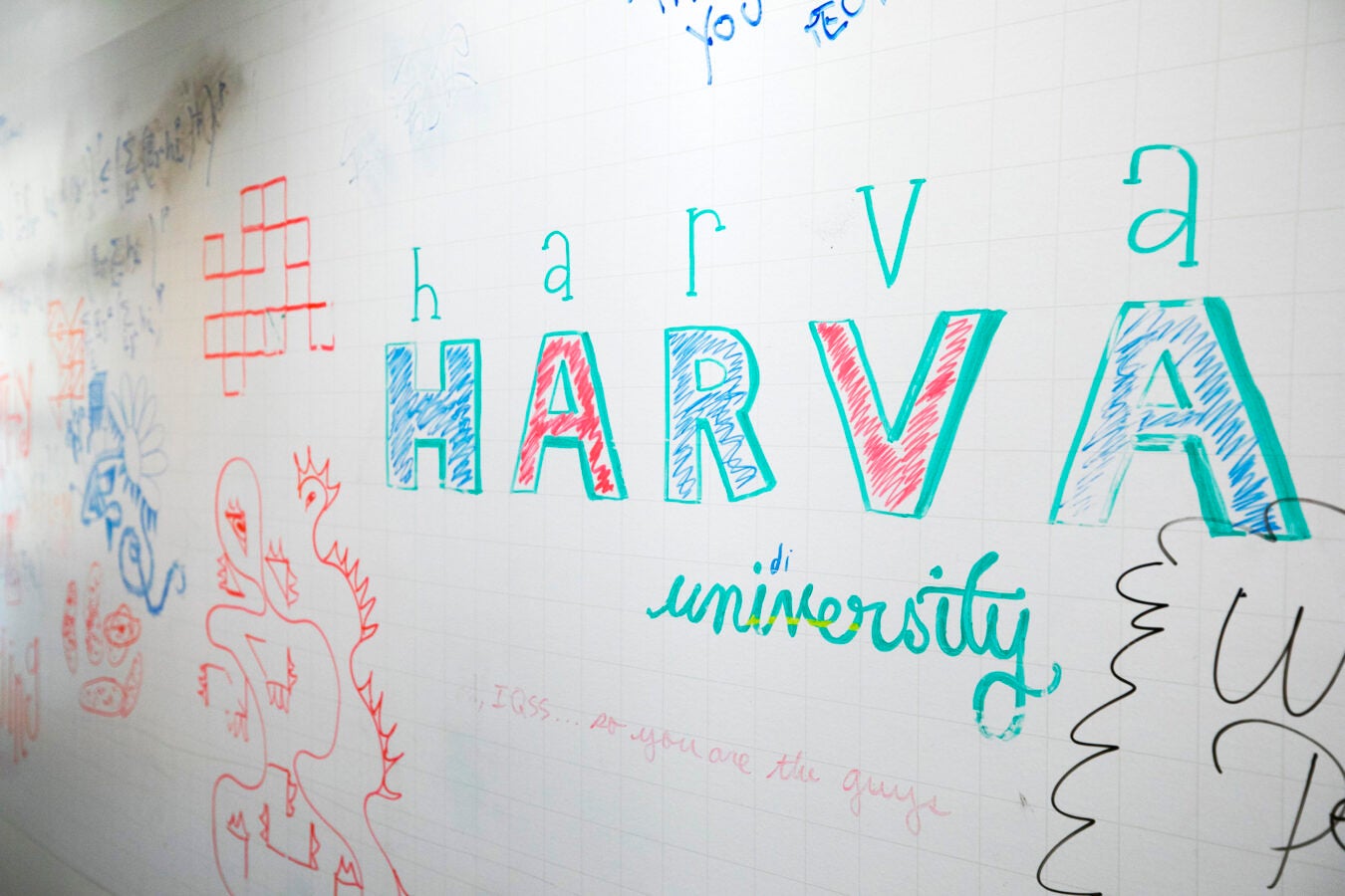 Doodles on whiteboard in hallway of Institute for Quantitative Social Science.