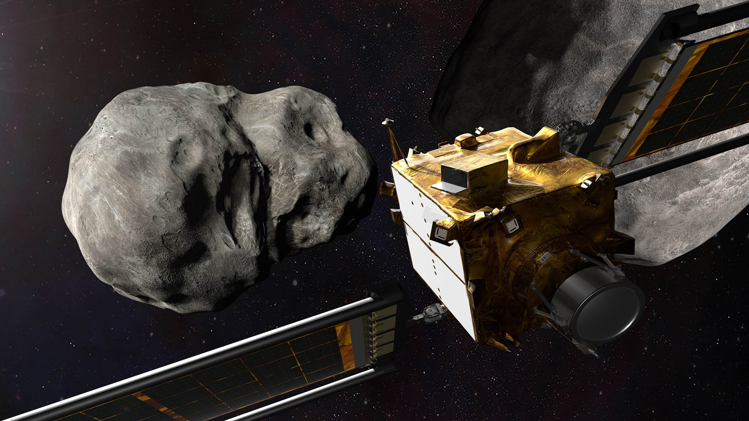 Rendering of collision of the DART spacecraft and the asteroid Dimorphos.