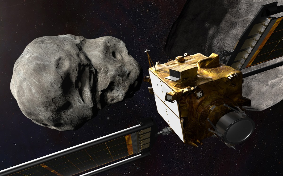 Rendering of collision of the DART spacecraft and the asteroid Dimorphos.