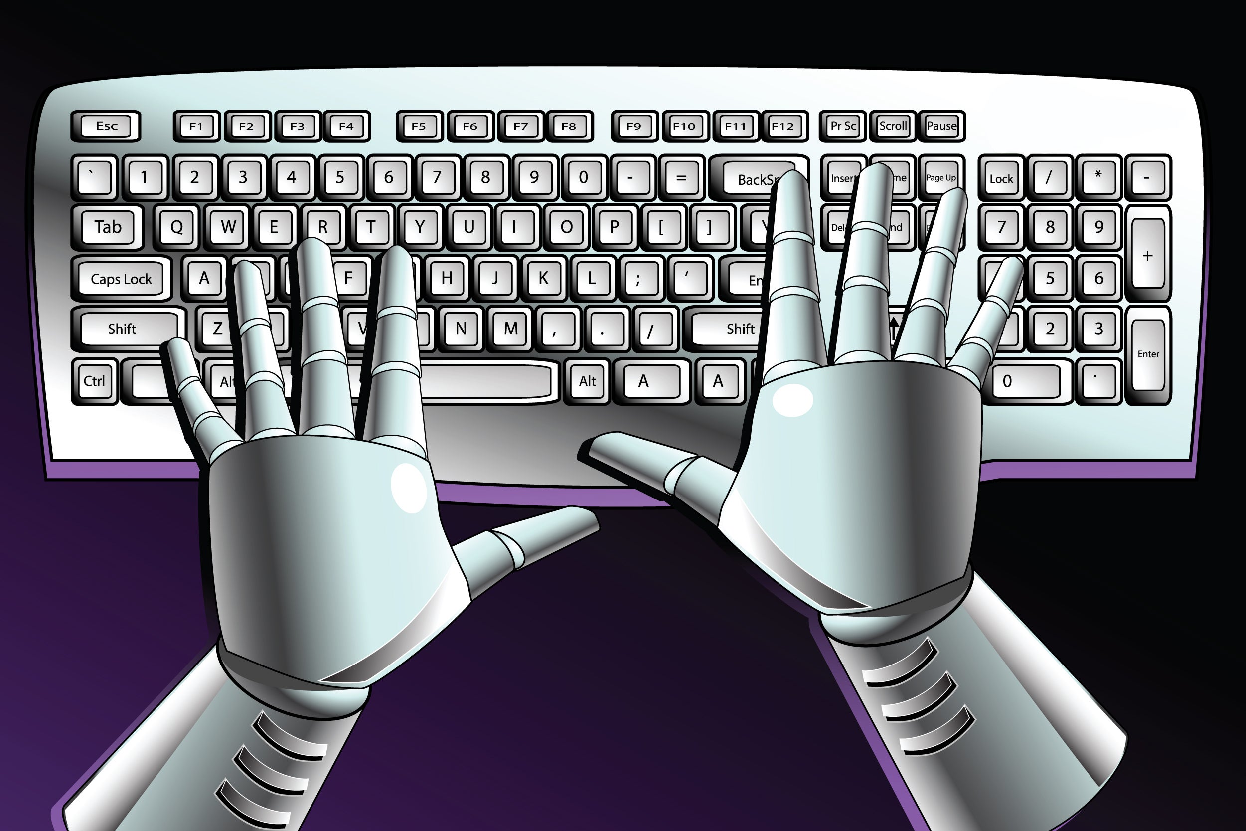 Robot's hands on keyboard.