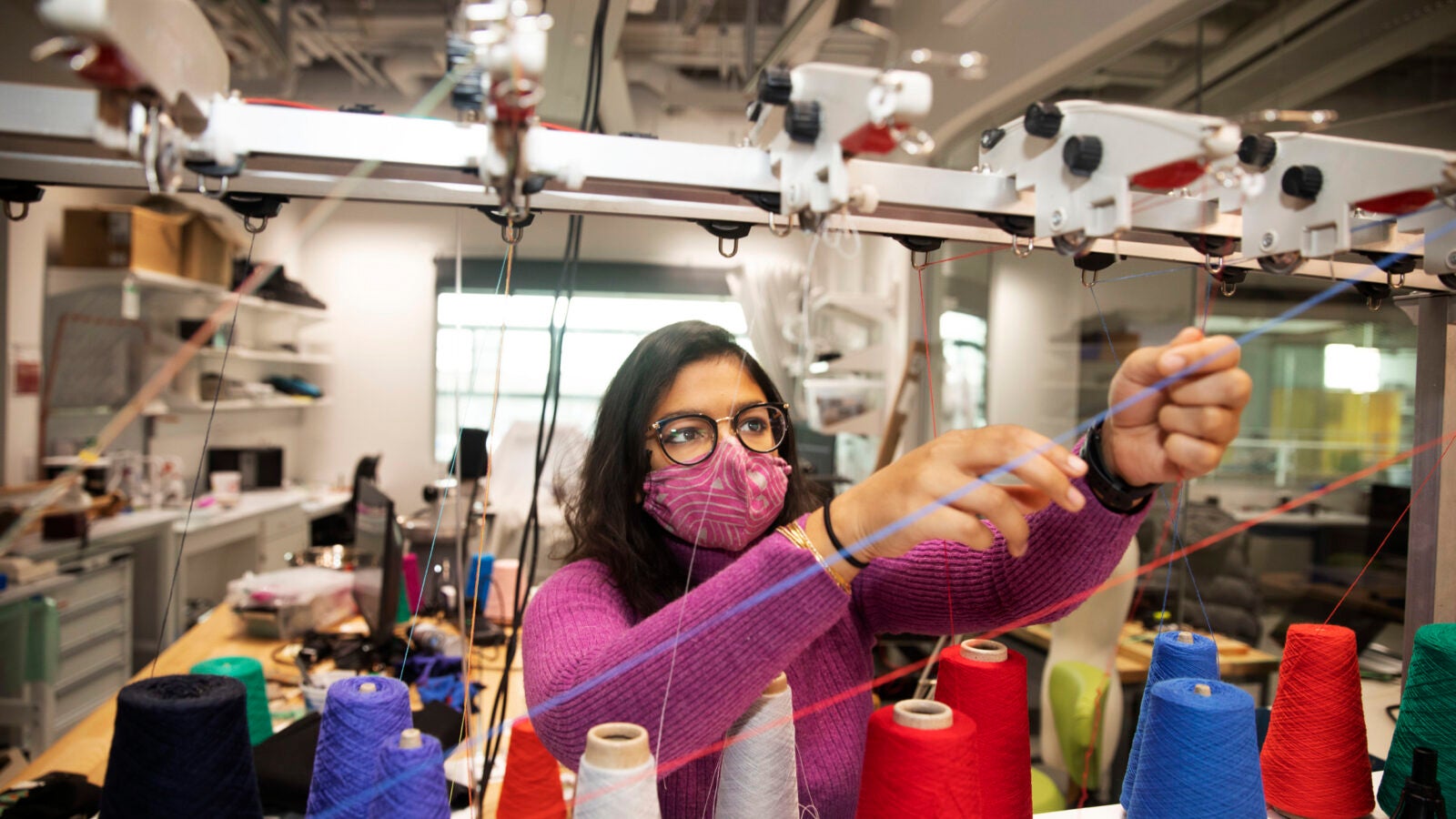 Kausalya Mahadevan, a Ph.D. candidate in mechanic engineering and materials science, designs knit fabrics with unusual mechanical behaviors, such as multistability, for use in wearable devices and functional garments. 