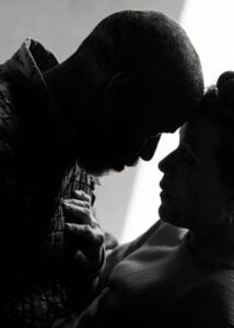 Silhouettes of Denzel Washington and Frances McDormand in “The Tragedy of Macbeth.”