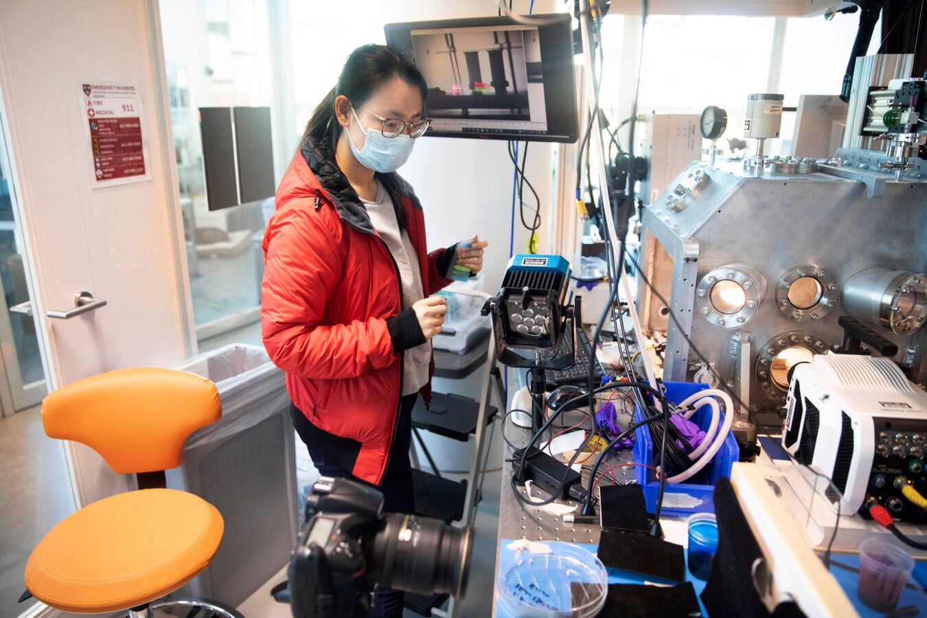 Siyi Xu, a graduate student in the Harvard Microrobotics Lab, works with microfluidics and dielectric elastomer actuators.