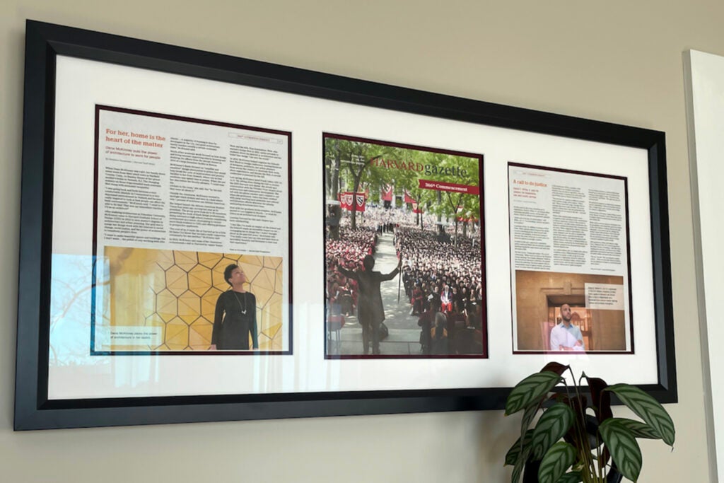 Gazette's 2017 Commencement edition , featuring profiles of Dana McKinney and David E. White Jr., is framed on their wall.