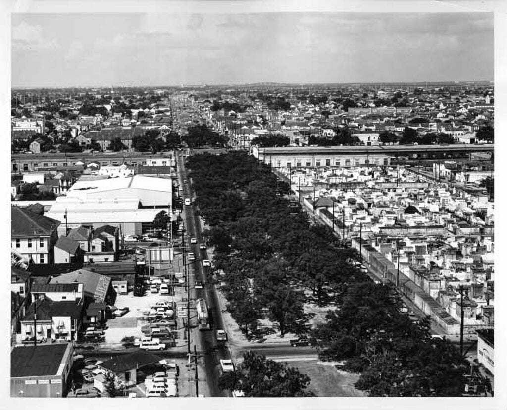 Tree-lined North Claiborne Avenue in 1968, before expressway.