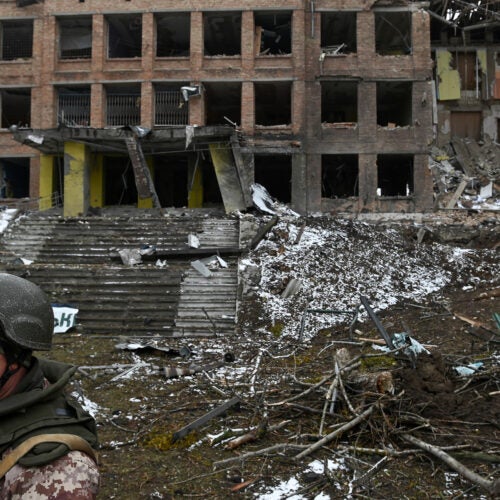 Ukrainian school bombed during battle.