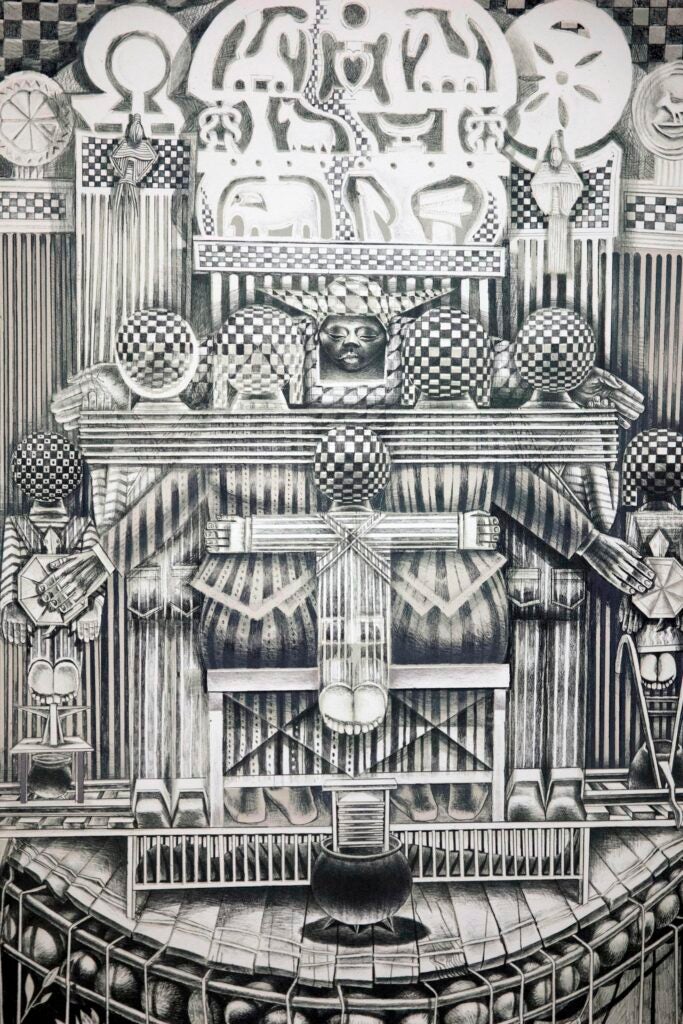 A detail view of Family Ark (monochrome), 1992, by John Biggers.