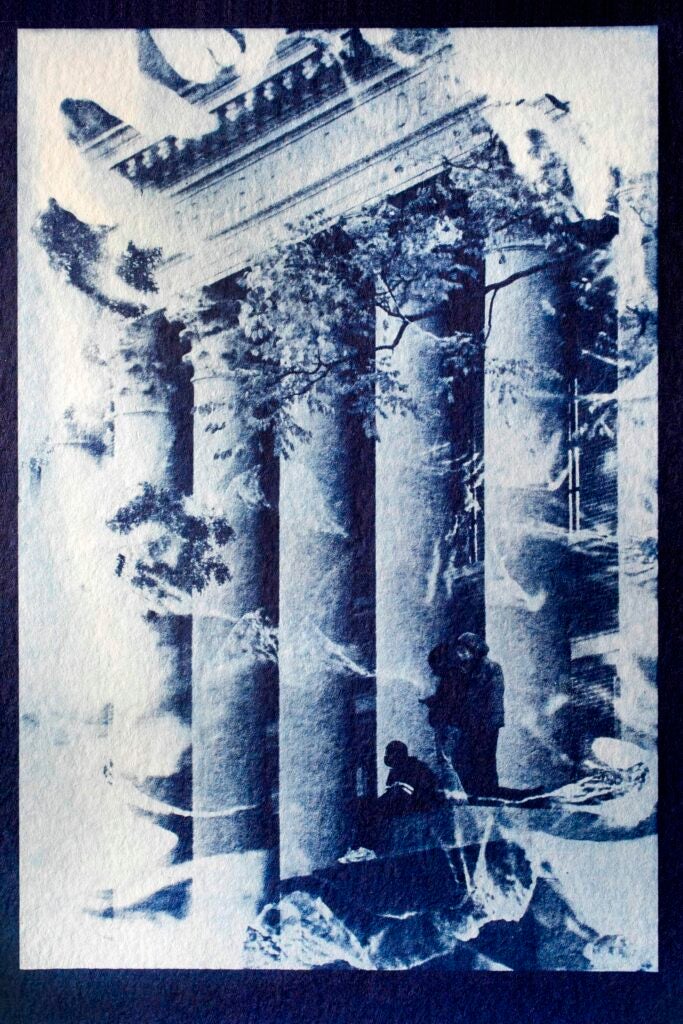 A cyanotype composites a pinecone with figures atop the steps of Widener Library.