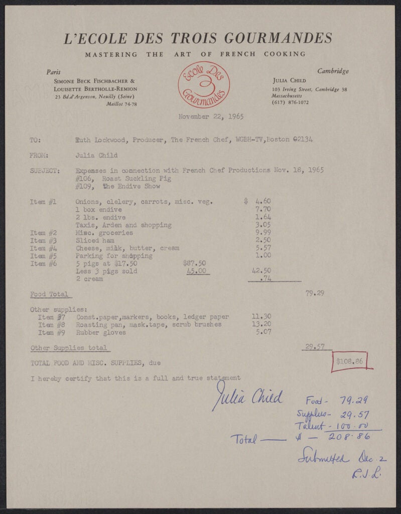 Julia Child receipt for reimbursement to WGBH for ingredients used in episodes of The French Chef. (Schlesinger Library, Harvard Radcliffe Institute)