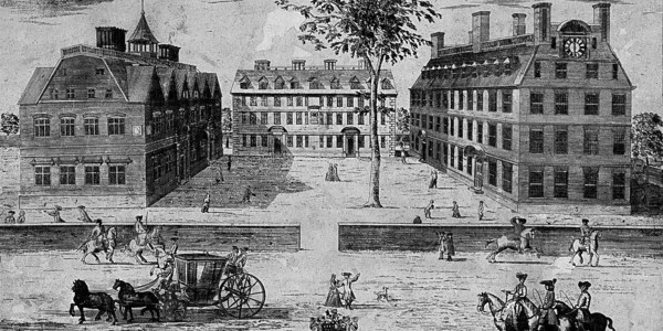 Engraving of Harvard in 1726. "A Prospect of the Colledges in Cambridge in New England," William Burgis, 1726.