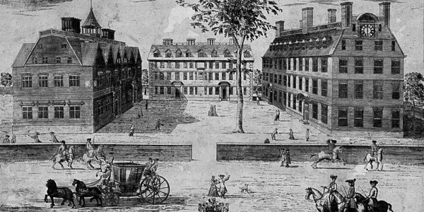 Engraving of Harvard in 1726. "A Prospect of the Colledges in Cambridge in New England," William Burgis, 1726.