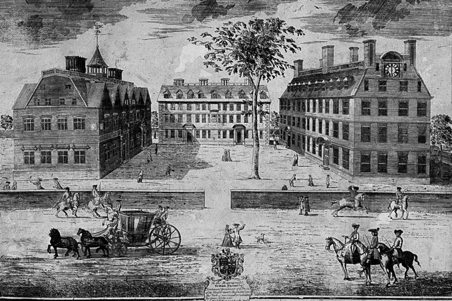 Engraving of Harvard in 1726. "A Prospect of the Colledges in Cambridge in New England," William Burgis, 1726.