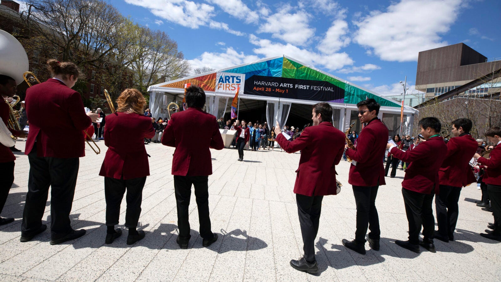 The Harvard University Band performs in the Science Center Plaza.