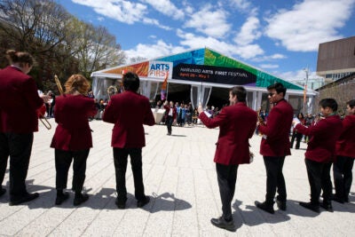 The Harvard University Band performs in the Science Center Plaza.