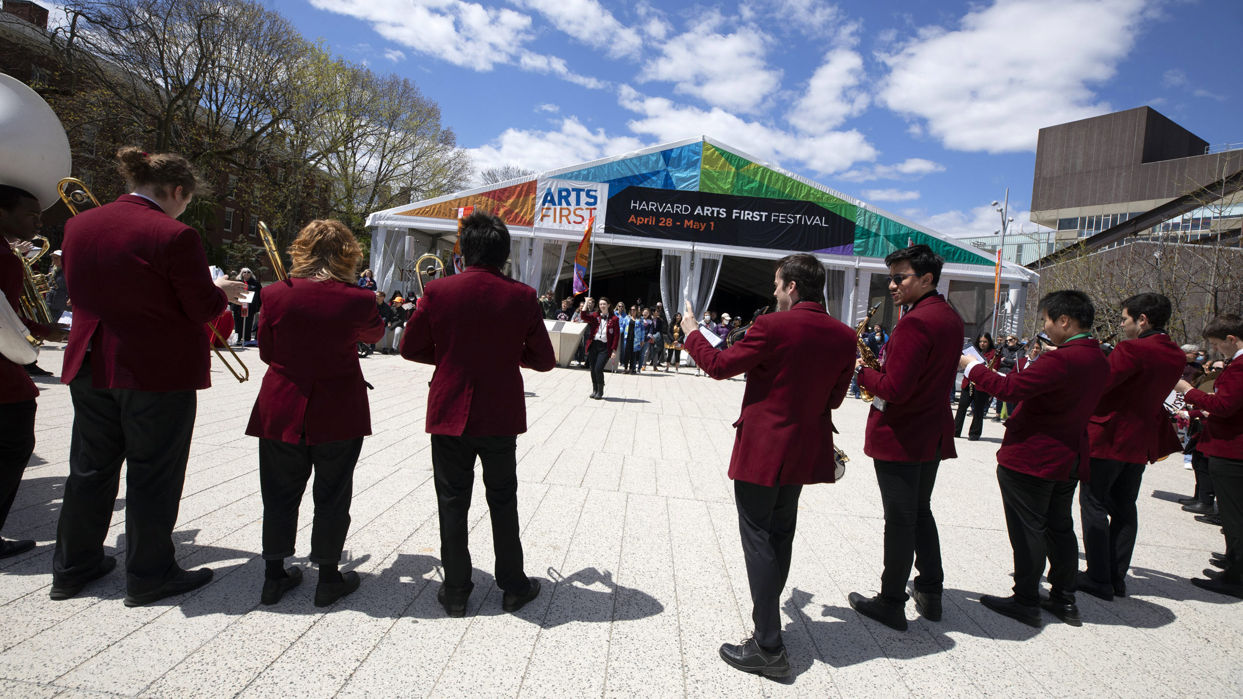 The Harvard University Band performs in the Science Center Plaza.