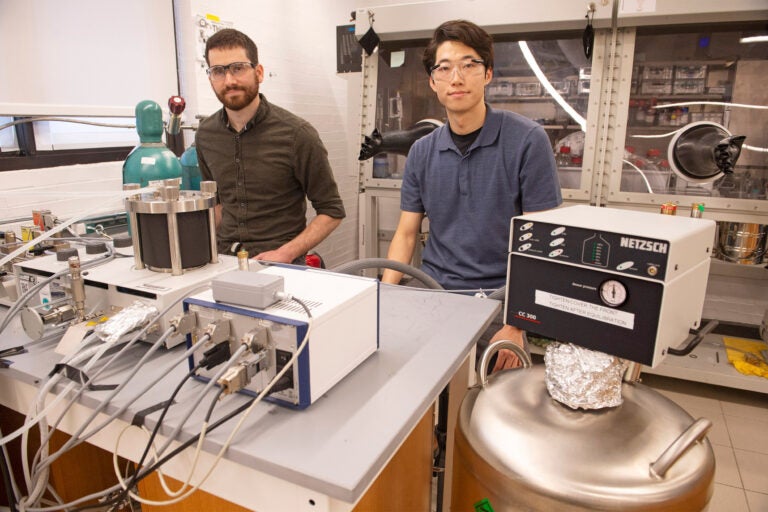 Assistant Professor of Chemistry Jarad Mason (left) and co-author Jinyoung Seo have developed a new class of solid-state refrigerants that could enable energy-efficient and emission-free cooling. 