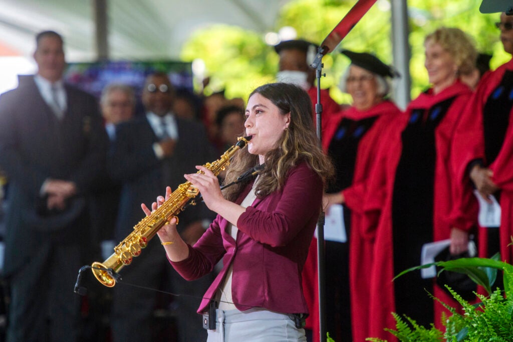 Veronica Leahy ’23 plays the national anthem on her horn to open Morning exercises.