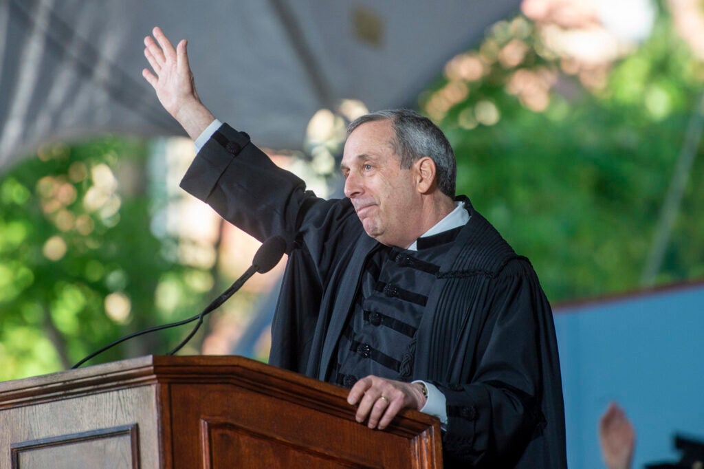 Larry Bacow speaks at Commencements for Classes of 2020 and 2021.