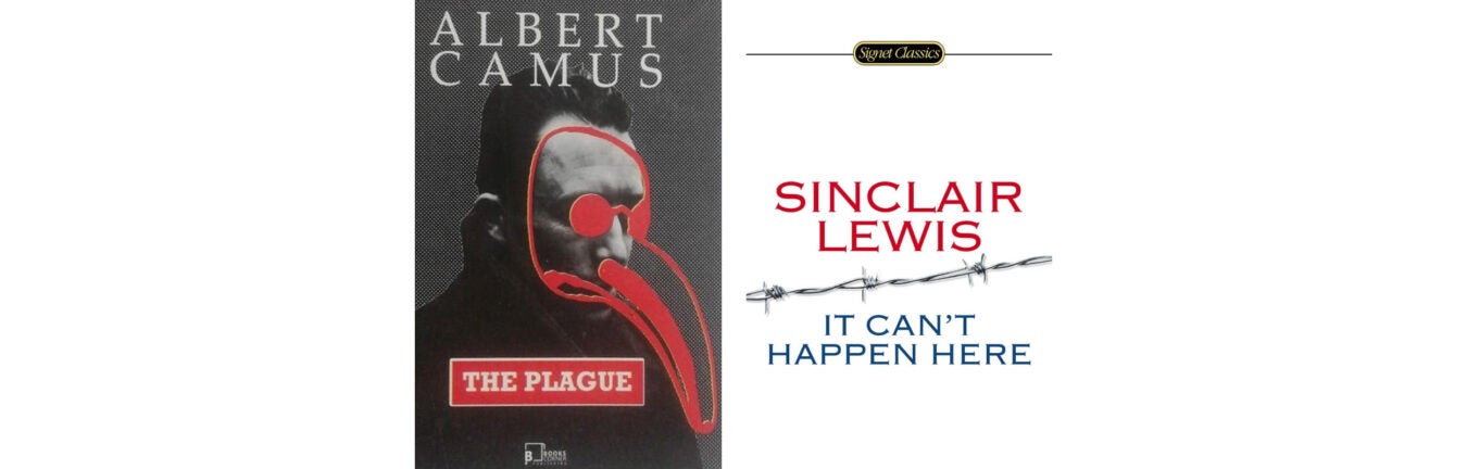 Book covers: "The Plague" and "It Can't Happen Here."