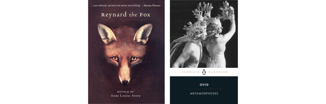 Book covers: "Reynard the Fox" and "Metamorphoses."