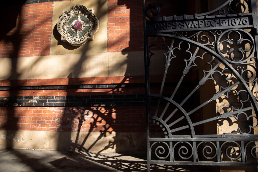 Entrance to Annenberg Hall at Memorial Hall is decorated with an ornate gate.