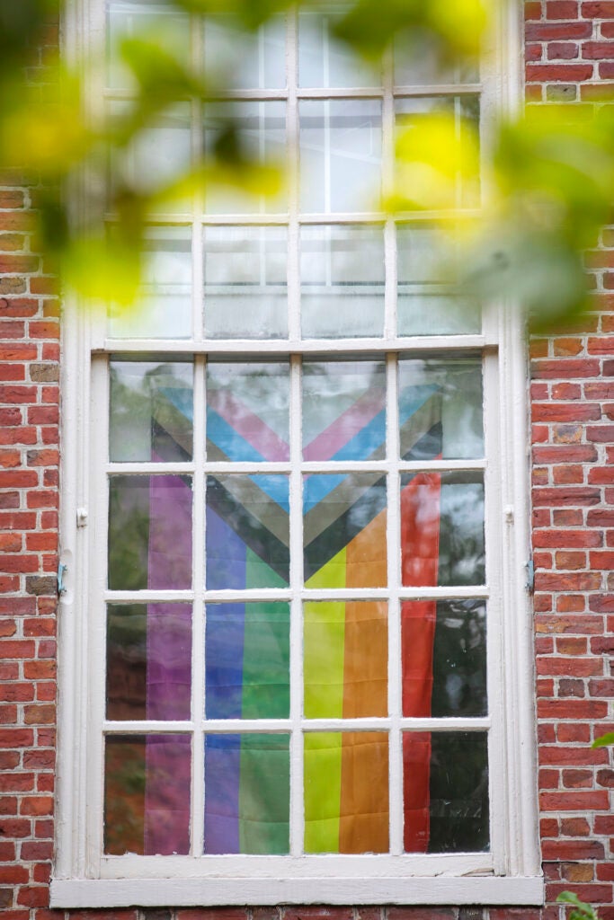 The Pride Flag is displayed in a bay window in Lehman Hall.