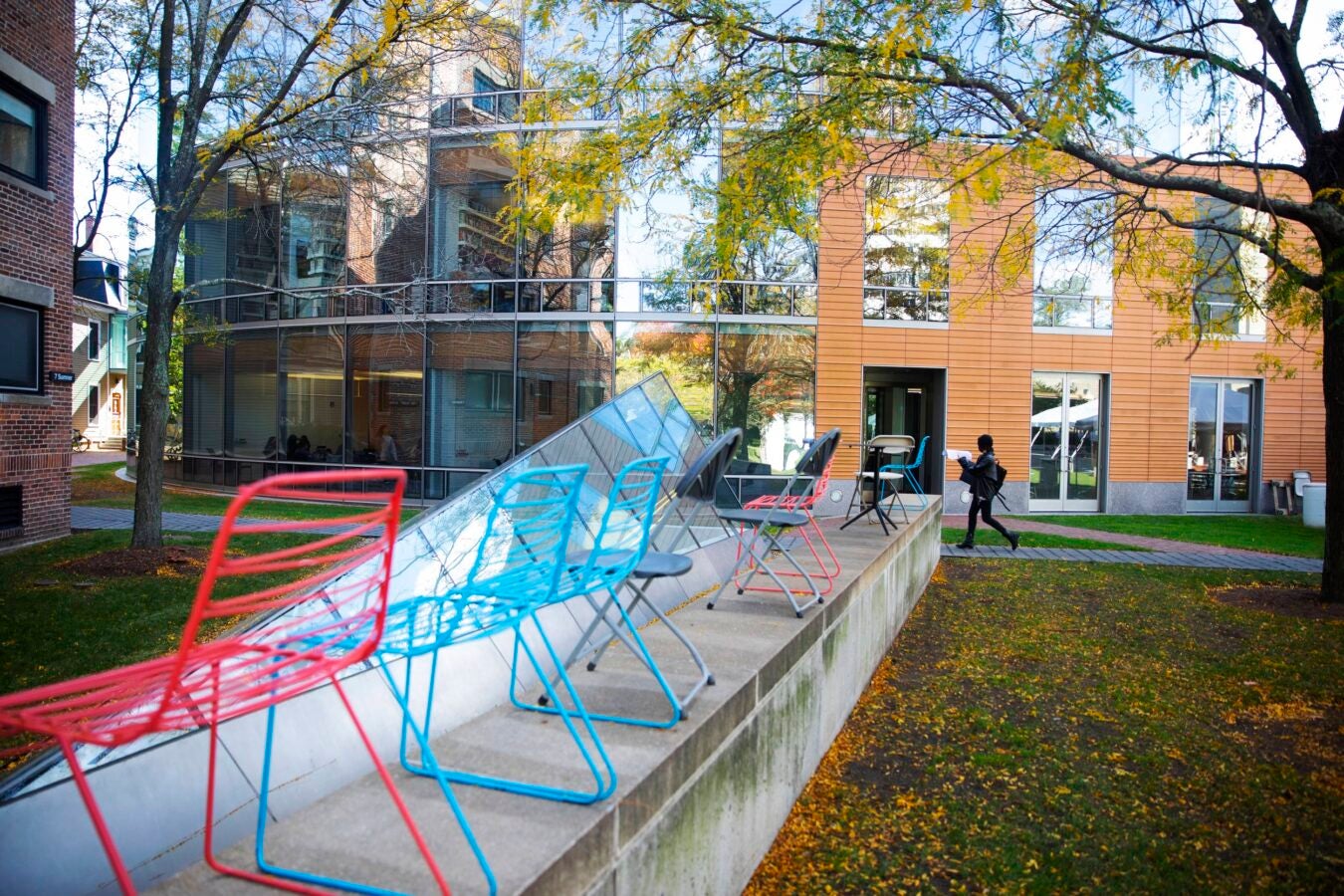 Chairs are lined up in the inner courtyard of the CGIS Knafel Building.