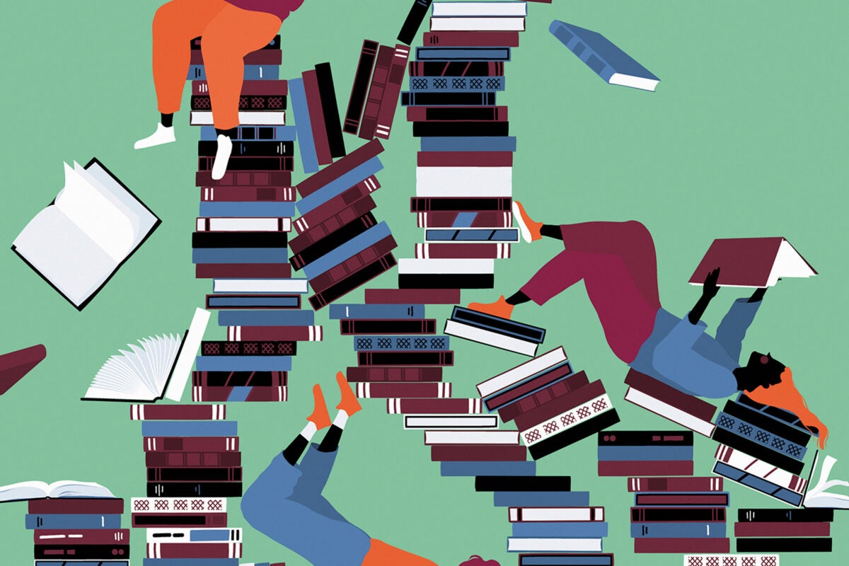 Illustration of people reading on pile of books.