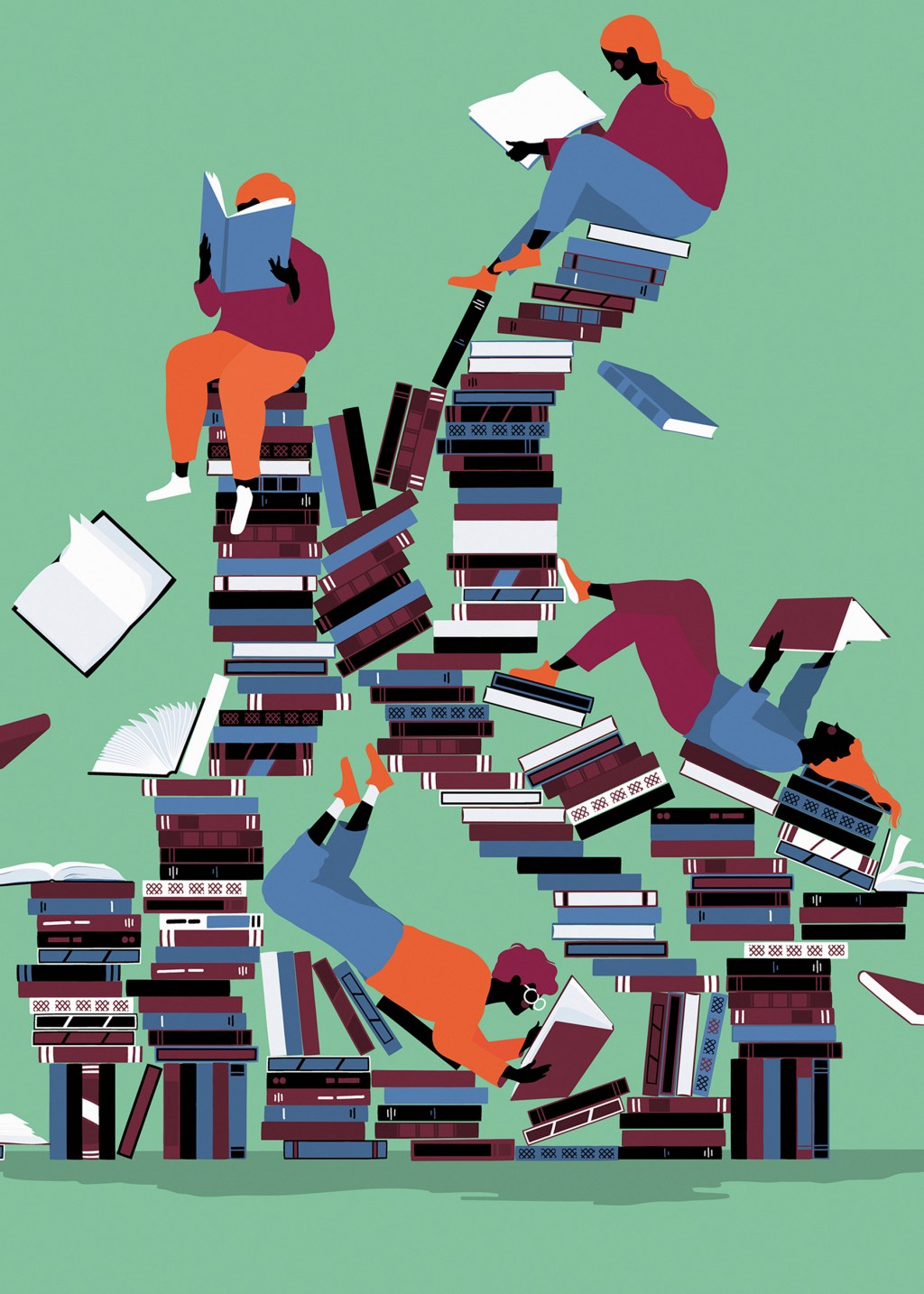 Illustration of people reading on pile of books.