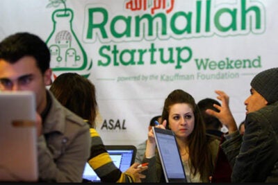 Palestinian programmers attend a Ramallah Startup Weekend workshop in the West Bank city of Ramallah.
