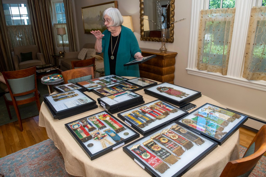 Theda Skocpol displays collection of badges.