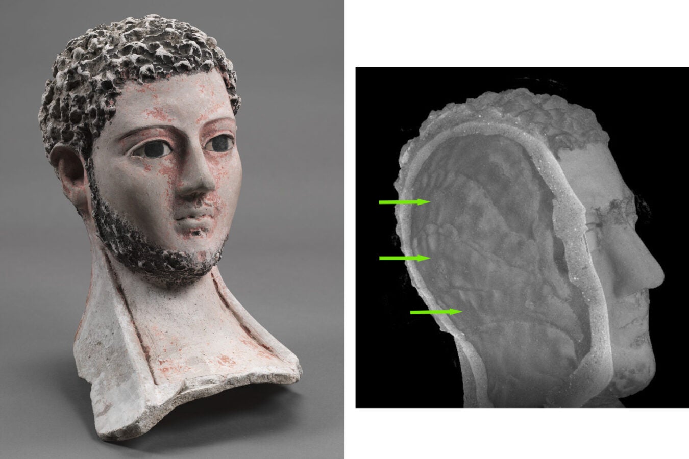 Plaster mask of man's head with remains of paint and glass inlays, alongside a micro-computed tomography 3D model of the mask showing indented plaster.
