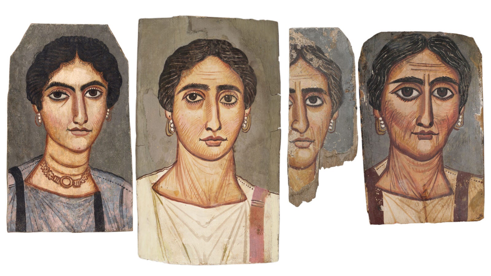 Four mummy portraits of women that art historians think may have been created by same artist or workshop due to similar outlines, wide expressive eyes, long nose, and pearl loop earrings.
