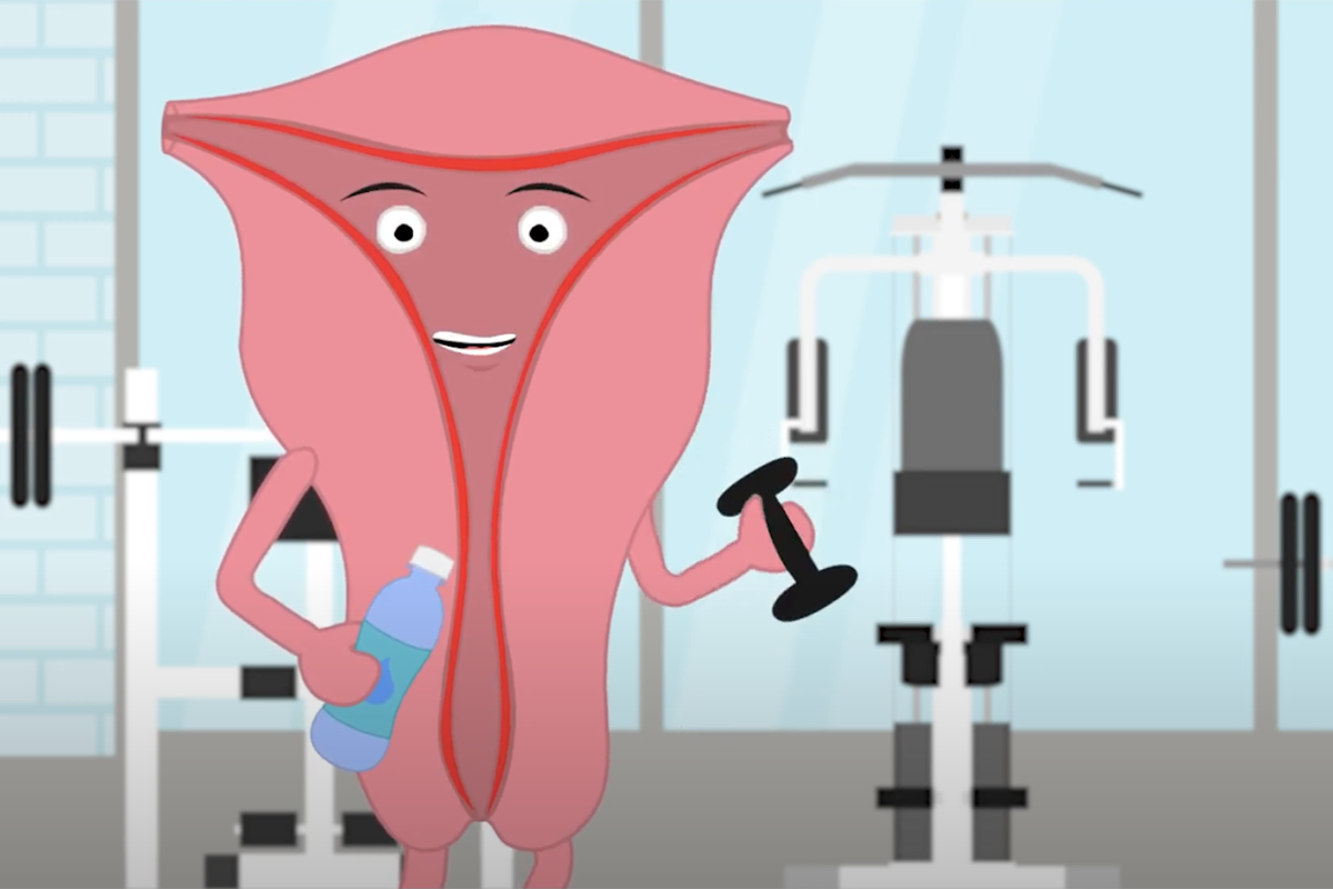 Menstruation animation features a character called "Uterus" prepping for the arrival of an egg.